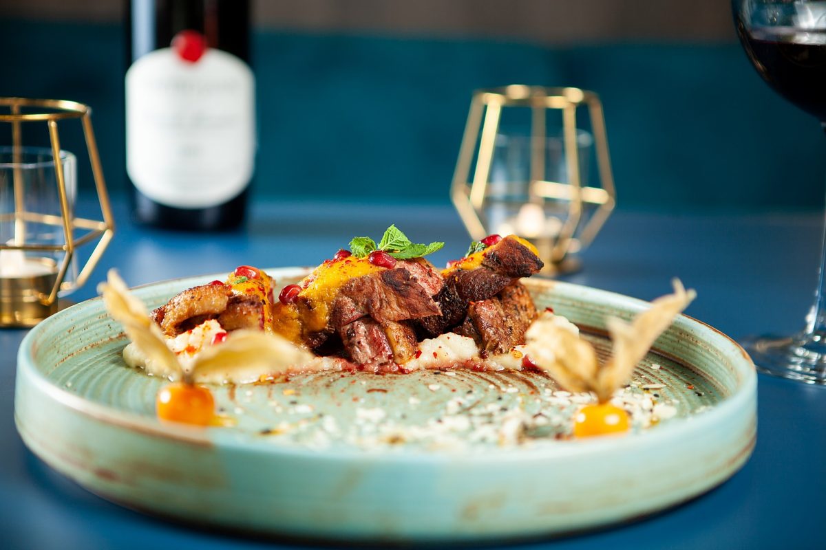 Tasty restaurant gastronomy with red wine on the table